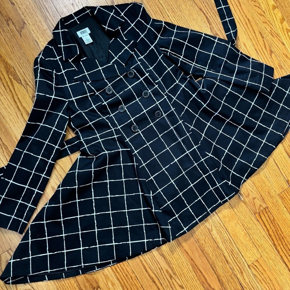Monroe & Main Preppy Black White Plaid Double-breasted Peplum Swing Trench Coat - Picture 11 of 16